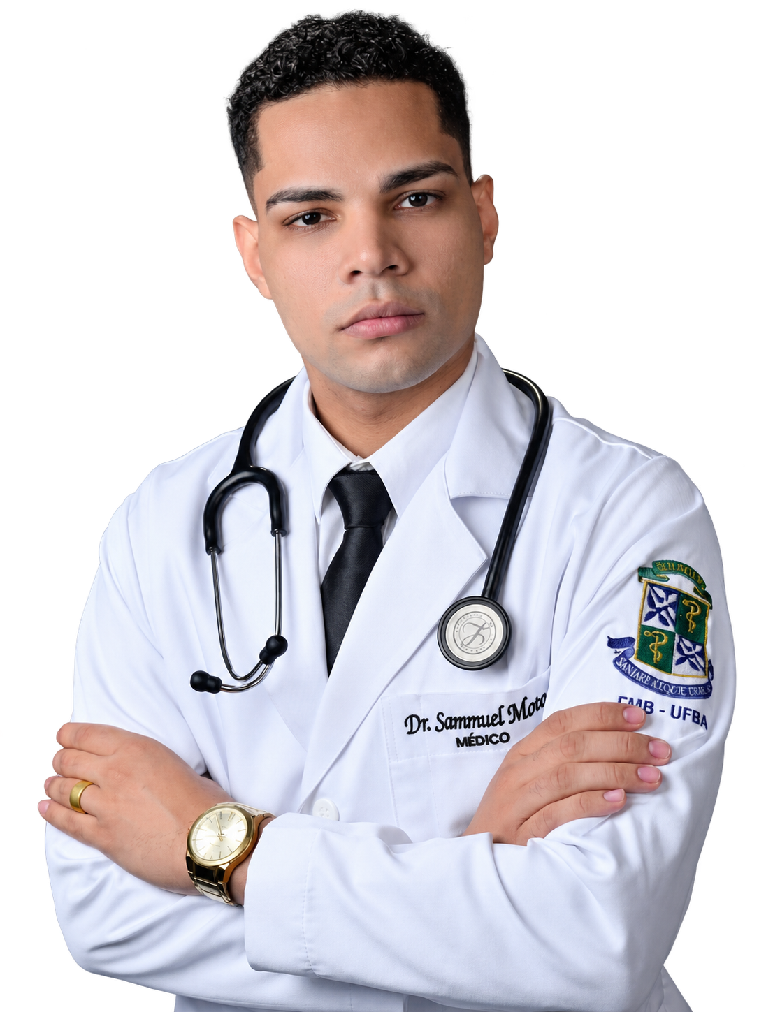 Dr. Sammuel Moto, médico, com jaleco branco e estetoscópio